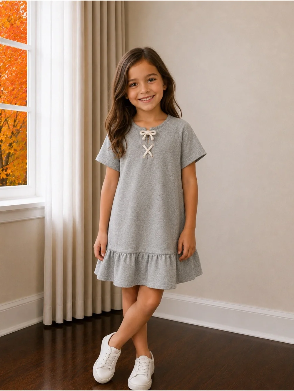 Old Navy Grey Ruffle-Hem Knit Dress with Bow Tie